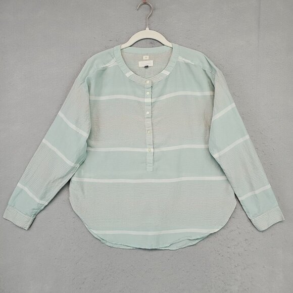 Ann Taylor LOFT The Softened Shirt Tunic Womens M Pastel Aqua Metallic Striped - Picture 1 of 11